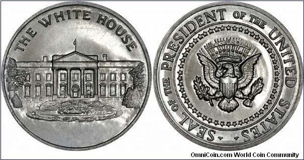37mm diameter medallion. A view of The White House in Washington D.C., with the legend running above:
THE WHITE HOUSE
Reverse
A copy of the US Presidential Seal, with the legend:
SEAL OF THE PRESIDENT OF THE UNITED STATES