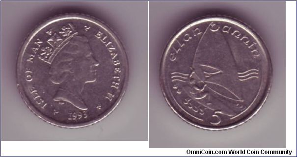 Isle Of Man - 5p - 1993

The start of the IOM depicting sports on their coins, this one features windsurfing