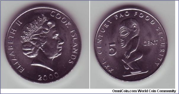 Cook Islands - 5c - 2000

Different Issue of the 5c coin, I'm not sure if this a 1 year commerative or a permanate replacement, either way it is a larger coin to the original type.

The image is of a local fertility God, hence it's rather, erm, rude depiction