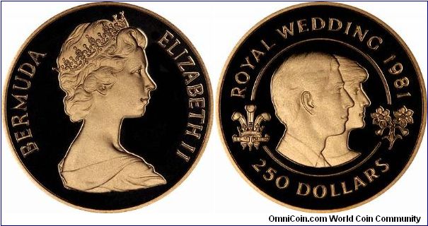 Prince Charles & Princess Diana on reverse of Bermuda gold proof $250.