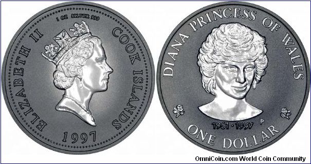 Diana Spencer, Princess of Wales on reverse of 1997 memorial silver proof crown.