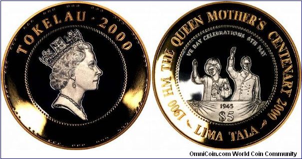 Bi-metallic silver proof 5 tala, part of a 12 coin 'continuation collection' for the Queen Mother's Centenary.