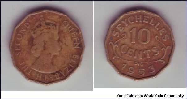Seychelles - 10c - 1953

10 Cent coin in the shape of the UK Brass Three Pence.