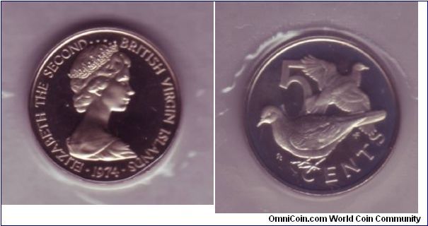 British Virgin Islands - 5c - 1974

Birds feature on all British Virgin Island Coins.  

All images are from a sealed Proof set, hence weird effects on some coins