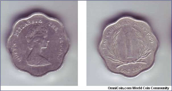East Caribbean States - 1c - 1989

A simple design of a coin, with an flower shaped outline.  The Type 2 head is still in use here, even though it was replaced in the UK by 1985