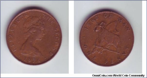Isle Of Man - 1p - 1976

1p coin with goat on reverse, infront of a map of the IOM