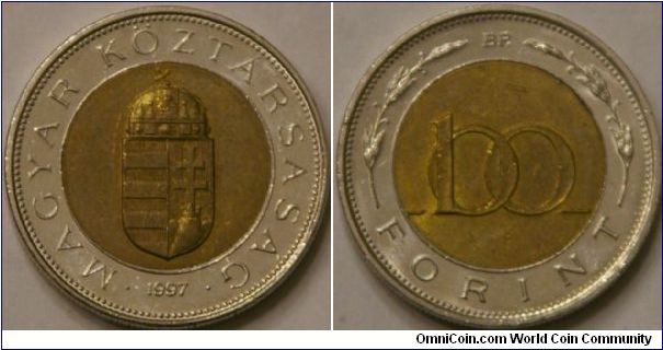 100 forint, with Hungary coat of arms. 24 mm