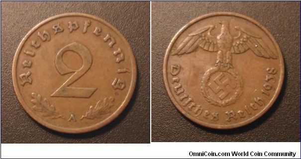 1938 2 Reichspfennig, nazi coin.