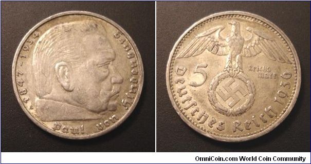 1936 5 mark, German, Nazi coin.