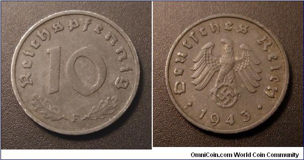 1943 10 Reichspfennig, Germany. Nazi money issued during WWII, I think it's steel.