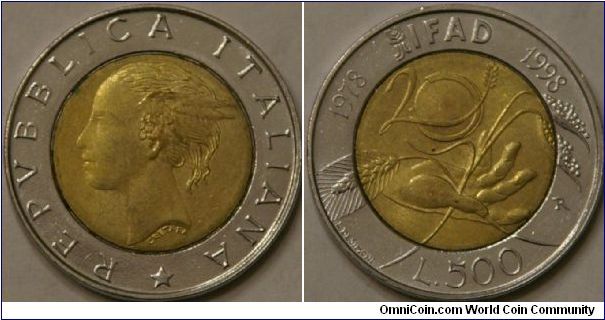 500 lire, 20th anniversary of The International Fund for Agricultural Development (IFAD), 26 mm, bi-metallic (steel & ?)