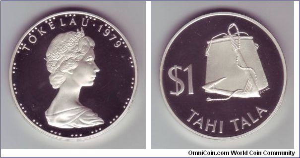 Tokelau - $1 - 1979

Silver uncirculated $1 or Tahi Tala coin.

Tokelau is unique in that it carries Elizabeth II's portrait but doesn't carry here name as a legend.

This due to the fact that she is seen as head of the commonwealth, rather than state, at Tokelau