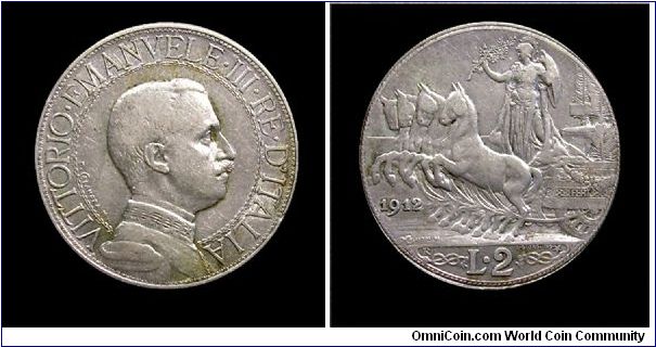 Kingdom of Italy - Victor Emmanuel III - 2 Lire (Fast quadriga) - Silver