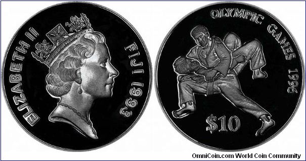 Judo is featured on the reverse of this silver proof $10 from Fiji, for the 1996 Atlanta Olympics.