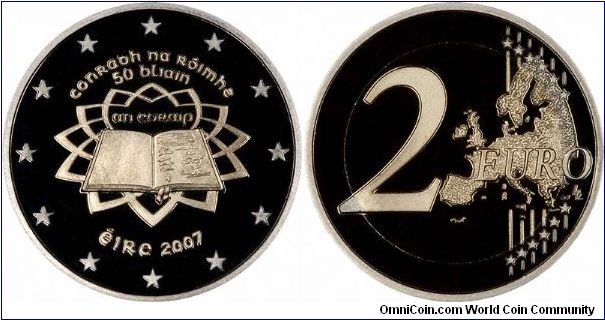 Treaty of Rome 50th anniversary is celebrated on this base metal proof two euros, from the Eire 9 coin proof set.