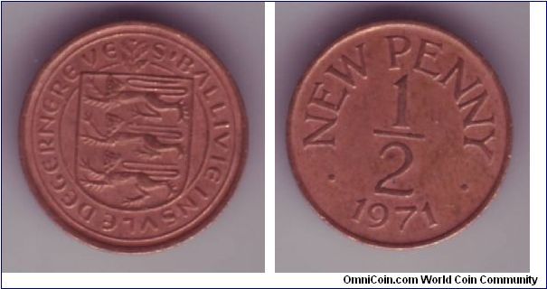 Guernsey - 1/2p - 1971

Rather dull design here, as if they really couldn't be bothered to think of anything for the reverse.  

The only saving grace for this coin was the Guernsey shield which oddly was in place rather than the Queen's head