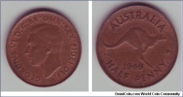 Australia - Half Pence - 1949

New monarch (George VI), new design, this time a Kangaroo facing right