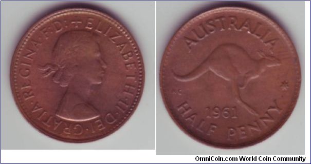 Australia - Half Pence - 1961

As 1949 issue except with Type 1 Queen Elizabeth portrait