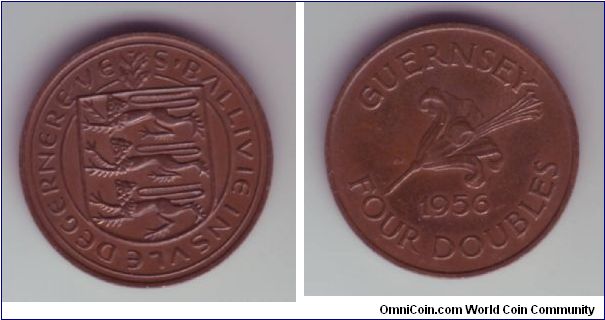Guernsey - 4 Doubles - 1956

The final 4 Doubles coin, which became the lowest value coin in Guernsey, this coin is the same size as the UK Half Pence of the time