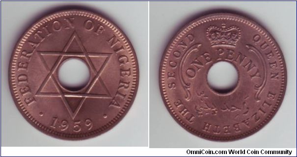 Nigeria - 1p - 1959

Another exception to the non portrait exception in this group, this coin however bears a crown & the name of Queen Elizabeth II.

Several African Nations had holes in the centre of their Half & One Pence coins