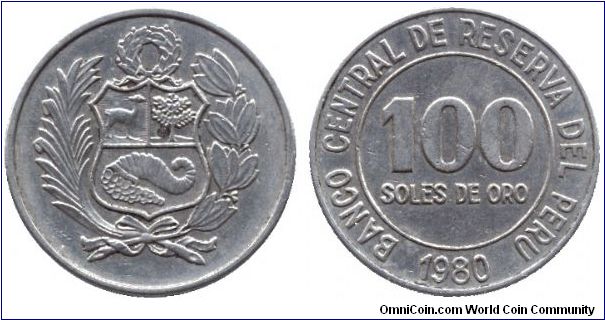 Peru, 100 soles, 1980, Cu-Ni.                                                                                                                                                                                                                                                                                                                                                                                                                                                                                       