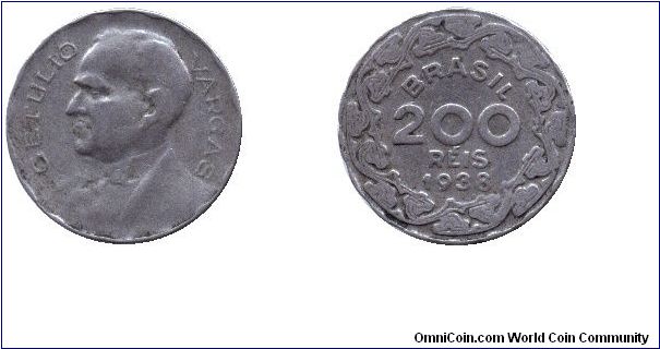 Brazil, 200 réis, 1938, Cu-Ni, Dr. Getulio Vargas.                                                                                                                                                                                                                                                                                                                                                                                                                                                                  