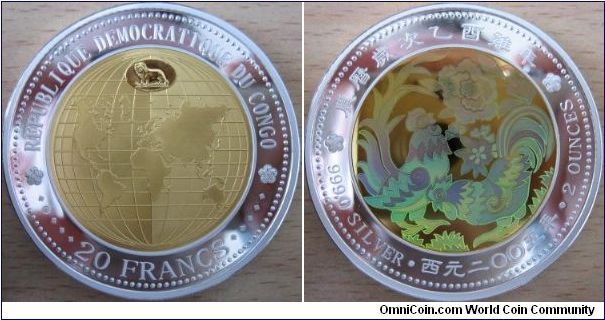 20 Francs - Year of the rooster hologram - 62.15 g Ag 999 - mintage unknown (hard to find !)
