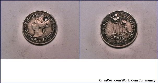 VICTORIA QUEEN
CEYLON 10 CENTS HOLED. 0.800 silver