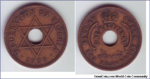 Nigeria - 1/2p - 1959

Smaller than the UK predecimal 1/2p coin the design overall is similar to the 1p coin issued by Nigeria at the time