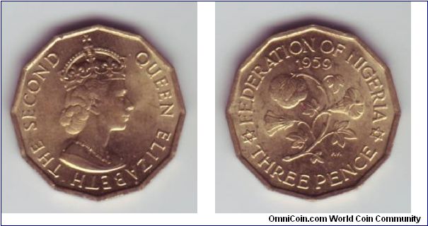 Nigeria - 3p - 1959

Same shape & size as the UK version although about half of the thickness, agan depicting a local flower