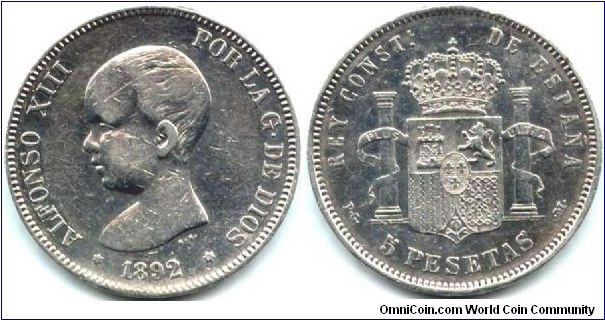 Spain, 5 pesetas 1892.
King Alfonso XIII.