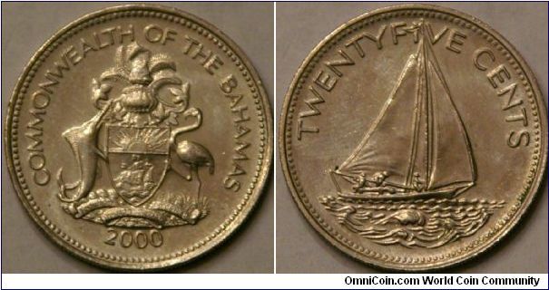 25 cents, coat of arms including silvery blue marlin, flamingo, and Santa Maria ship, Native Sloop (sailboat) on rev., 24.5 mm