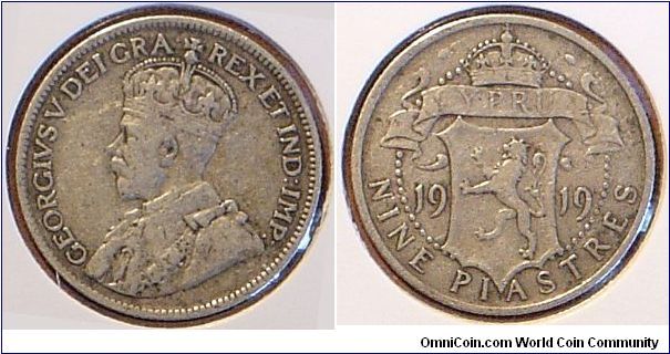 9 Piastres from Cyprus
REX ET IND:IMP:
Silver