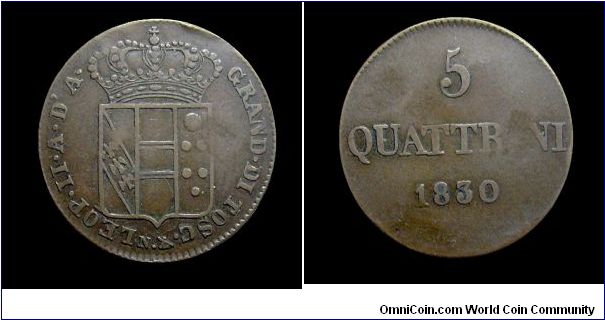 Grand-Duchy of Tuscany. Leopold II Lorraine.
5 Quattrini (1 crazia). Copper