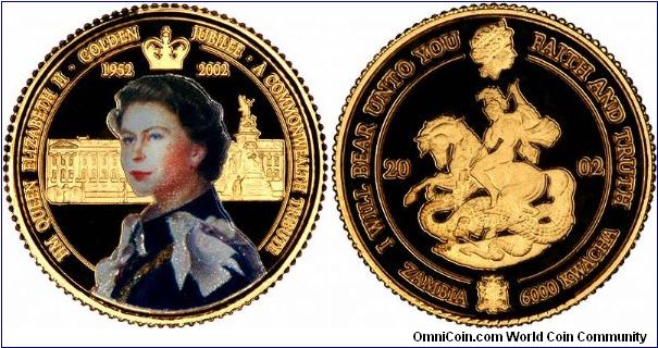 Attractive coloured portrait on the obverse of this .999 fine gold 6,000 Kwacha, coupled with a St. George and dragon reverse, issued for the Queen's golden jubilee, 1952 - 2002.