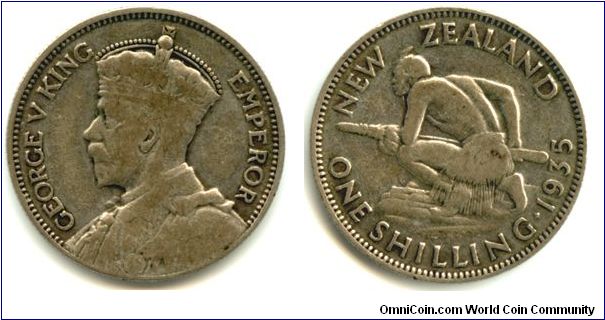 A 1935 New Zealand Shilling. One year before the end of the George V reign. Here the portrait is stretched to the edge of the coin.