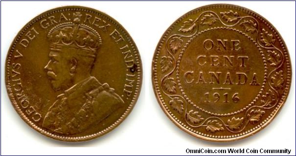 One Canadian Cent 1916. This coin was cleaned when I bought it. Quite shiny, yet quite pretty as a coin.