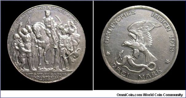 Centenary of the battle of Leipzig.
3 Mark - Mm. 35 - Silver