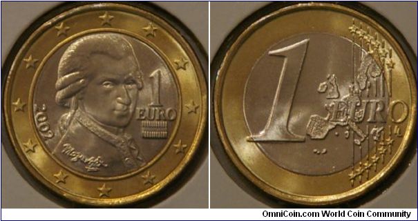 1 euro, Mozart, 23.25 mm, bimetallic - ring Nickel brass, inner Cu-Ni