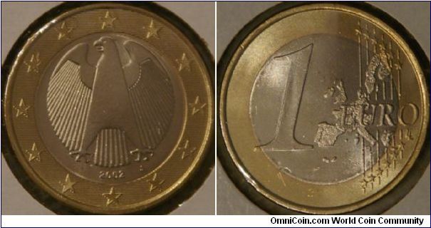 1 euro, traditional eagle symbol of German sovereignty. 23.25 mm, bimetallic - ring Nickel brass, inner Cu-Ni