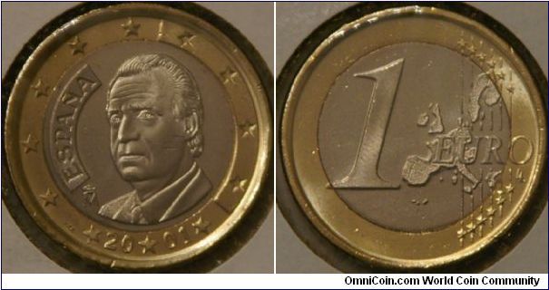 1 euro, portrait of King Juan Carlos, 23.25 mm, bimetallic - ring Nickel brass, inner Cu-Ni
