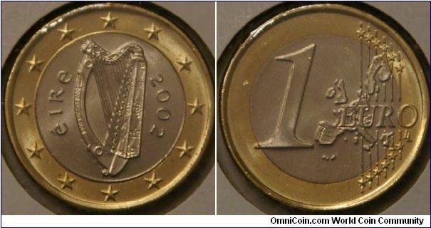 1 euro, Celtic harp, a traditional symbol of Ireland. 23.25 mm, bimetallic - ring Nickel brass, inner Cu-Ni