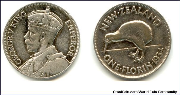 A 1934 Florin. New Zealand has a very different crowned portrait to other non UK countries. This George V portrait is my favorite design.