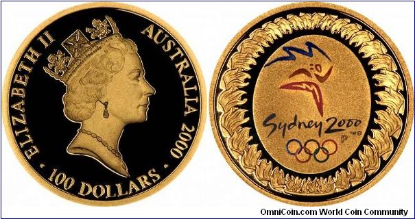 Olympic Gold!
The first gold coin in the joint Royal Australian Mint & Perth Mint  Sydney 2000 COin Program. Depicts colourer logo of the Sydney Games, and the Olympic Rings. Part of an 8 coin gold proof set.