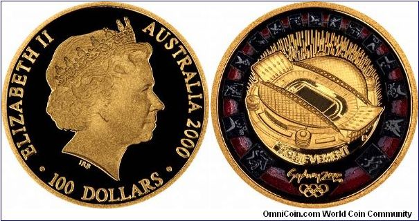 The largest outdoor venue in Olympic History according to the Certificate, the Sydney Olympic Stadium is the central image on the reverse of this gold proof $100. Diameter 25mm, weight 10 grams.