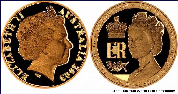 One ounce gold proof commemorative $100 for the Queen's Golden Jubilee, reverse legend reads  'Elizabeth II Coronation 1953 50th Anniversary 2003. 100 Dollars