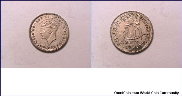 GEORGE VI KING AND EMPEROR OF INDIA
CEYLON 10 CENTS
0.800 slver