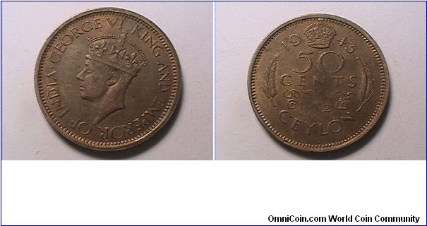 GEORGE VI KING AND EMPEROR OF INDIA
CEYLON 50 CENTS
nickel brass