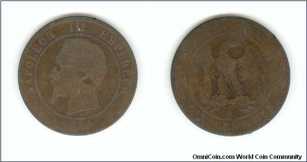 10 Centimes
OBV: Napoleon III head L, NAPOLEON III EMPEREUR / 1854
Rev: Standing eagle clutching sheaves and lightning, EMPIRE FRANCAIS