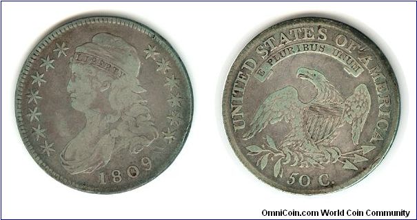 50 Cents
OBV: Classic capped female L wreathed in stars / 1809
Rev: American eagle shielded on laurel branches, UNITED STATES OF AMERICA / E PLURIBUS UNUM / 50 C.